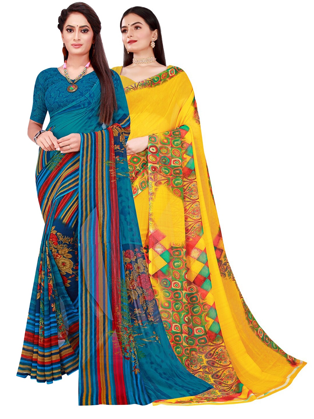 

Florence Teal & Yellow Printed Pure Georgette Saree