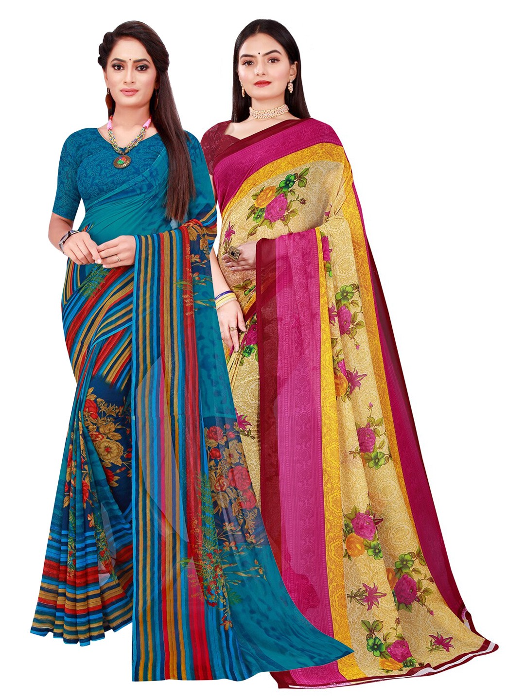 

Florence Beige & Blue Floral Pure Georgette Saree