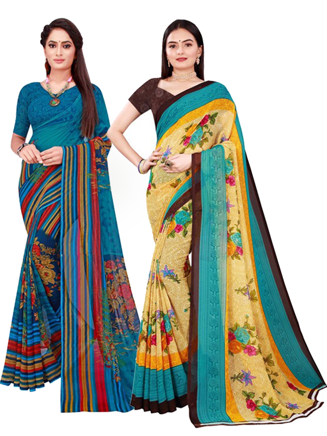 

Florence Turquoise Blue & Yellow Pack of 2 Printed Pure Georgette Saree