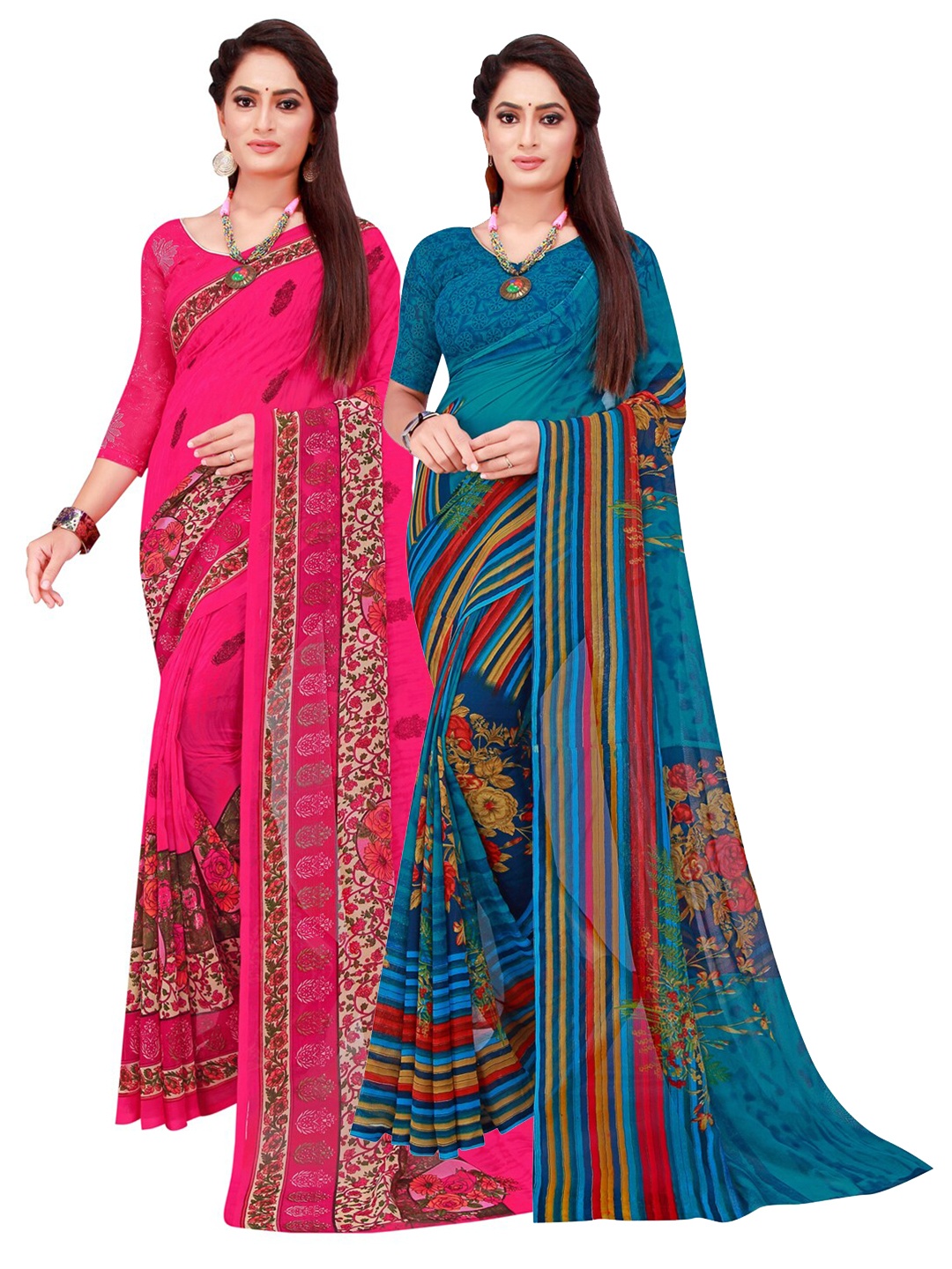 

Florence Set Of 2 Turquoise Blue & Pink Floral Pure Georgette Saree