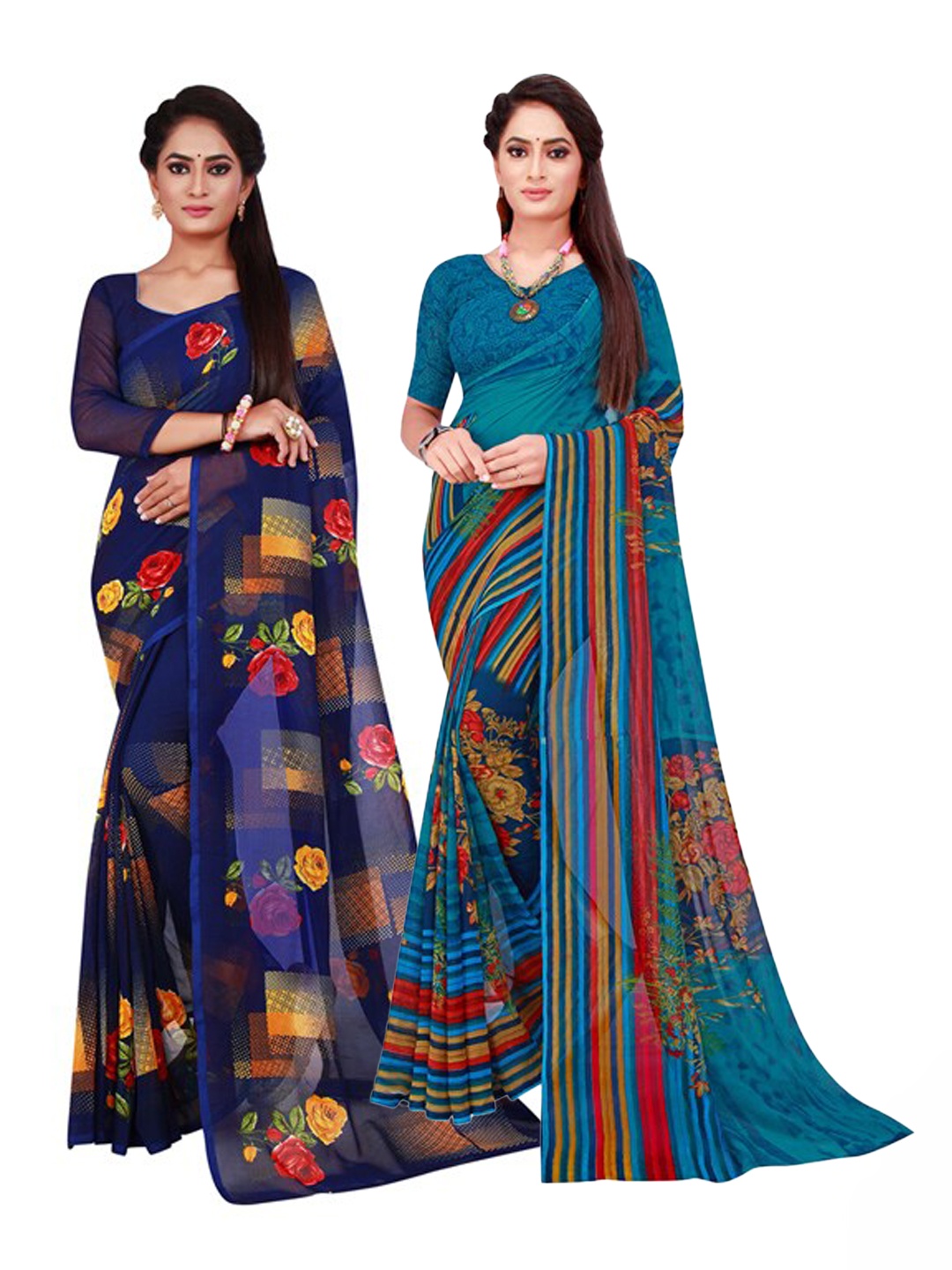 

Florence Turquoise Blue & Blue Set Of 2 Floral Pure Georgette Saree