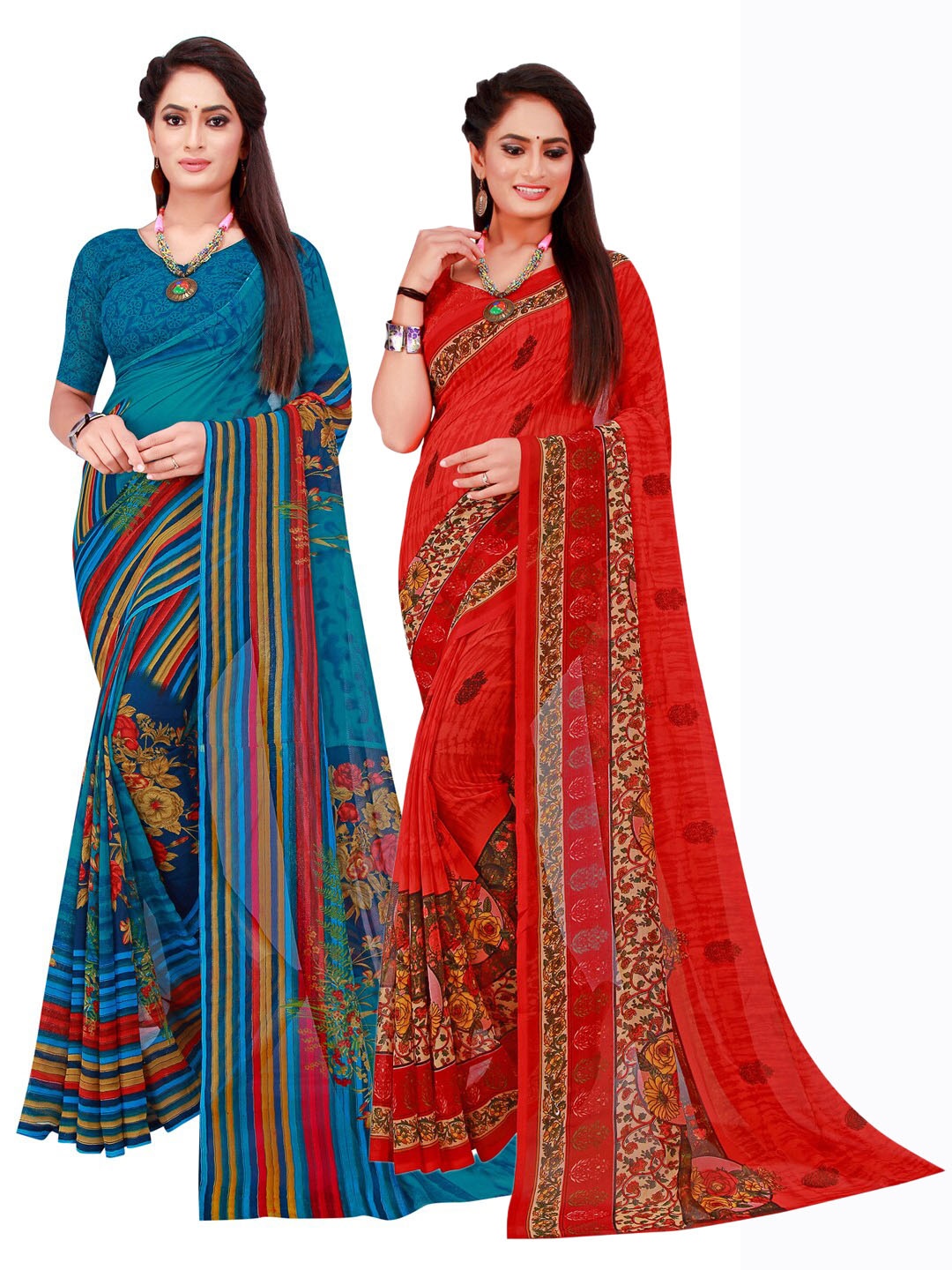 

Florence Pack of 2 Turquoise Blue & Red Pure Georgette Sarees