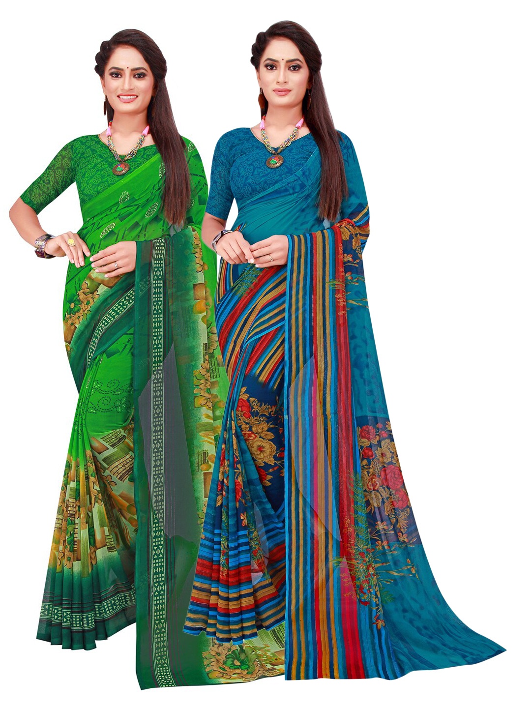 

Florence Pack Of 2 Turquoise Blue & Green Floral Pure Georgette Saree