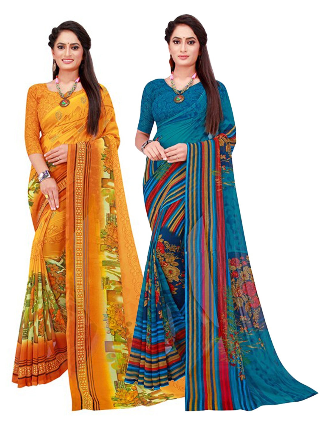

Florence Pack of 2 Turquoise Blue & Mustard Floral Printed Pure Georgette Saree