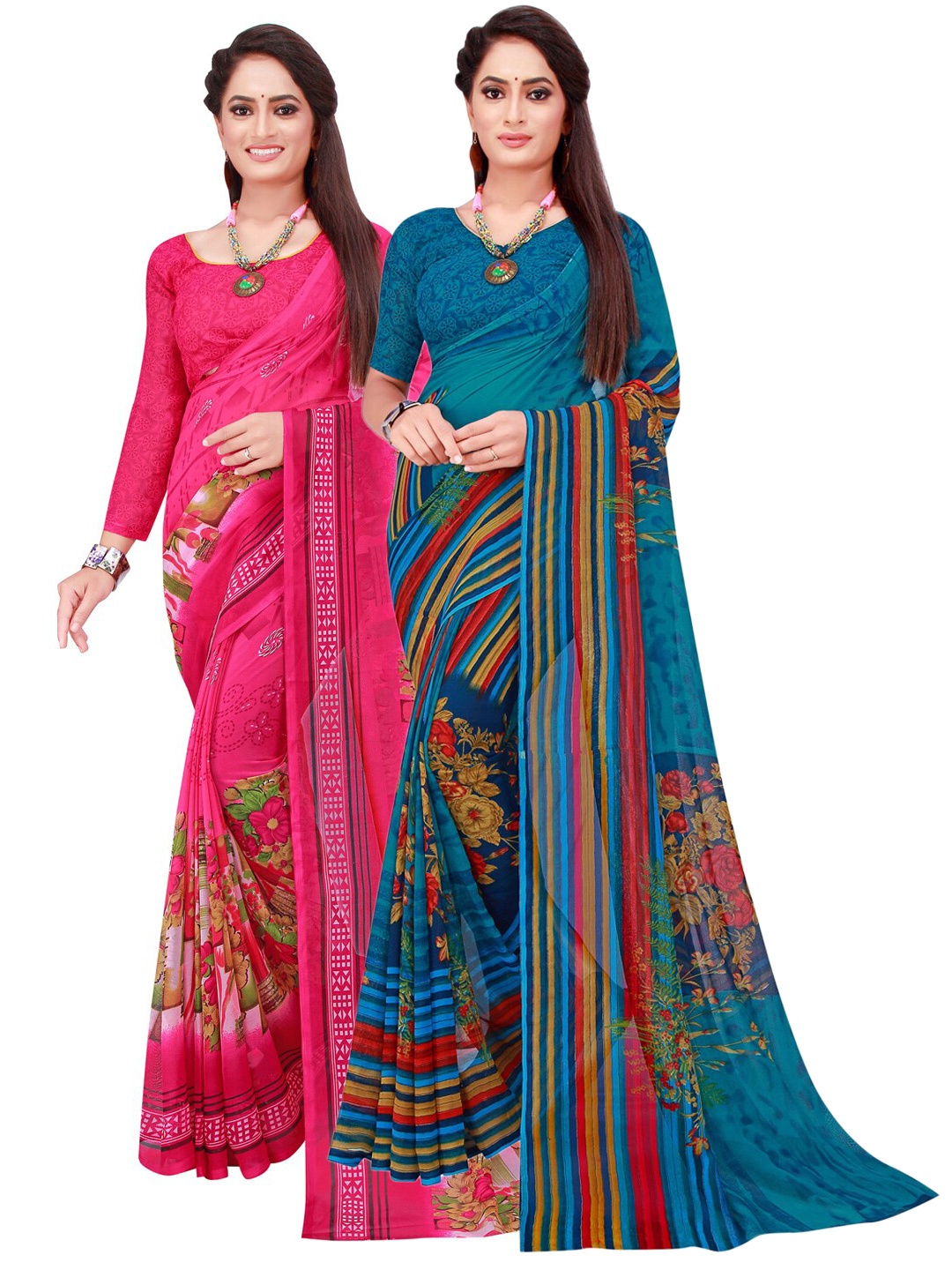 

Florence Pack of 2 Turquoise Blue & Magenta Floral Pure Georgette Saree