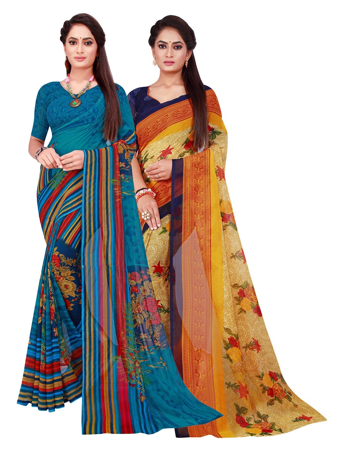 

Florence Pack of 2 Turquoise Blue & Yellow Floral Pure Georgette Saree