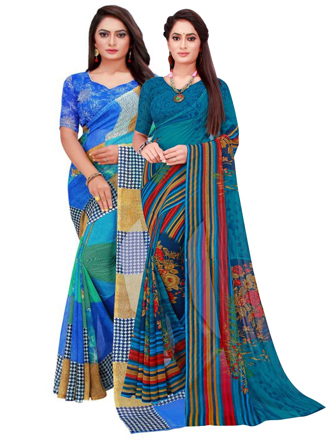 

Florence Blue & Navy Blue Geometric Printed Pack of 2 Pure Georgette Saree
