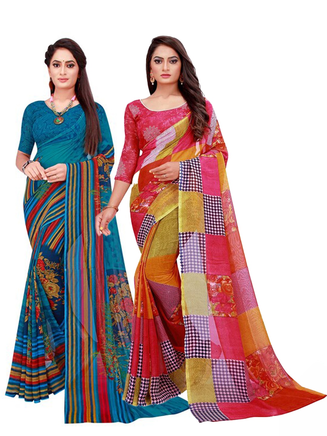 

Florence Red & Blue Floral Pure Georgette Saree