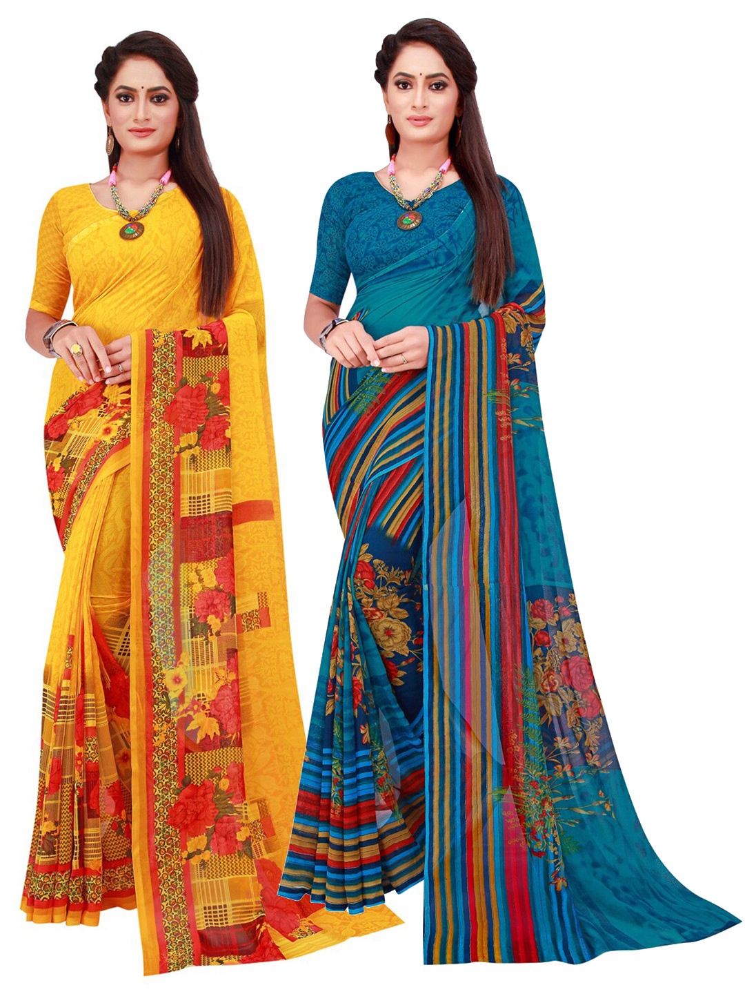 

Florence Yellow & Blue Floral Pure Georgette Saree