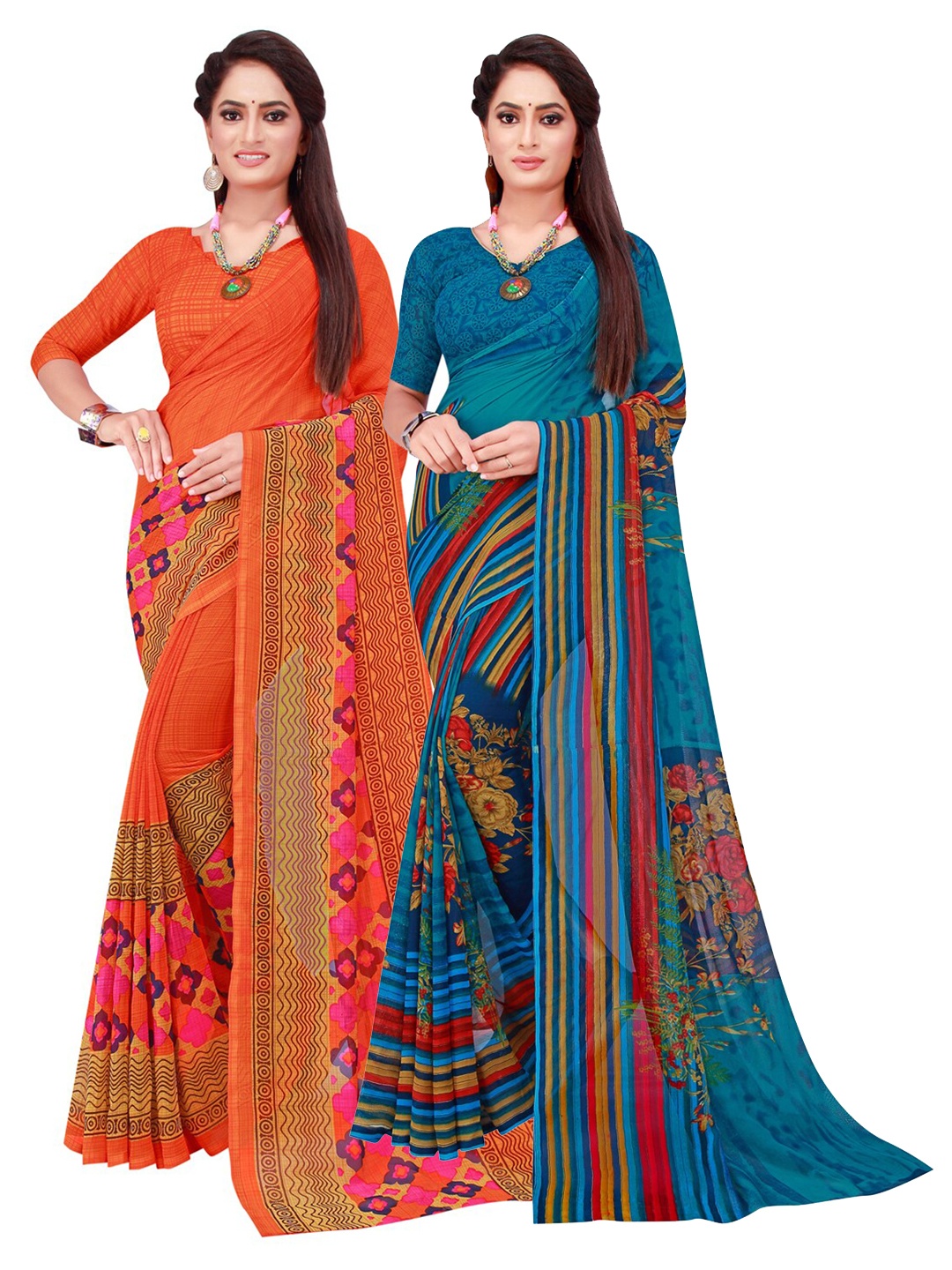 

Florence Pack of 2 Red & Blue Printed Pure Georgette Saree