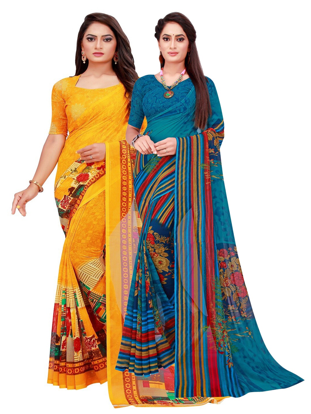

Florence Pack of 2 Blue & Yellow Floral Pure Georgette Sarees