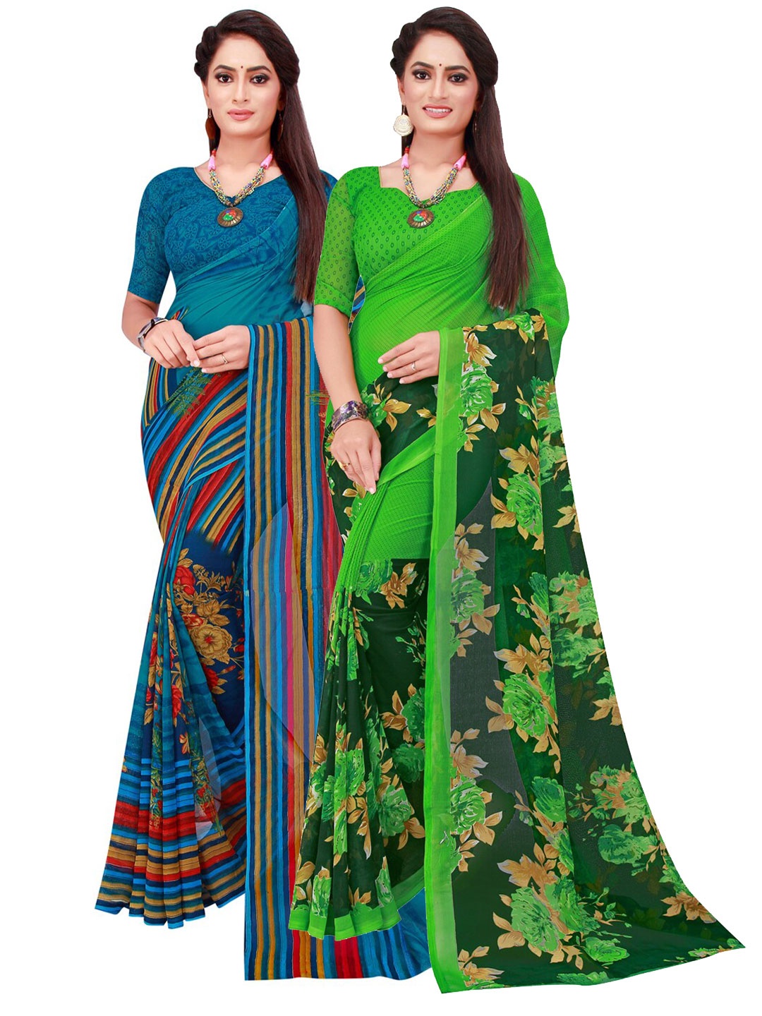 

Florence Turquoise Blue & Red Set Of 2 Floral Pure Georgette Saree