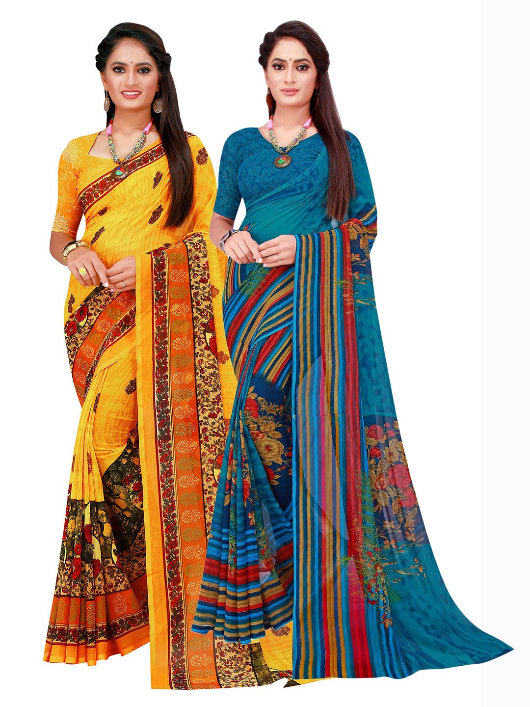 

Florence Set Of 2 Turquoise Blue & Yellow Floral Pure Georgette Saree