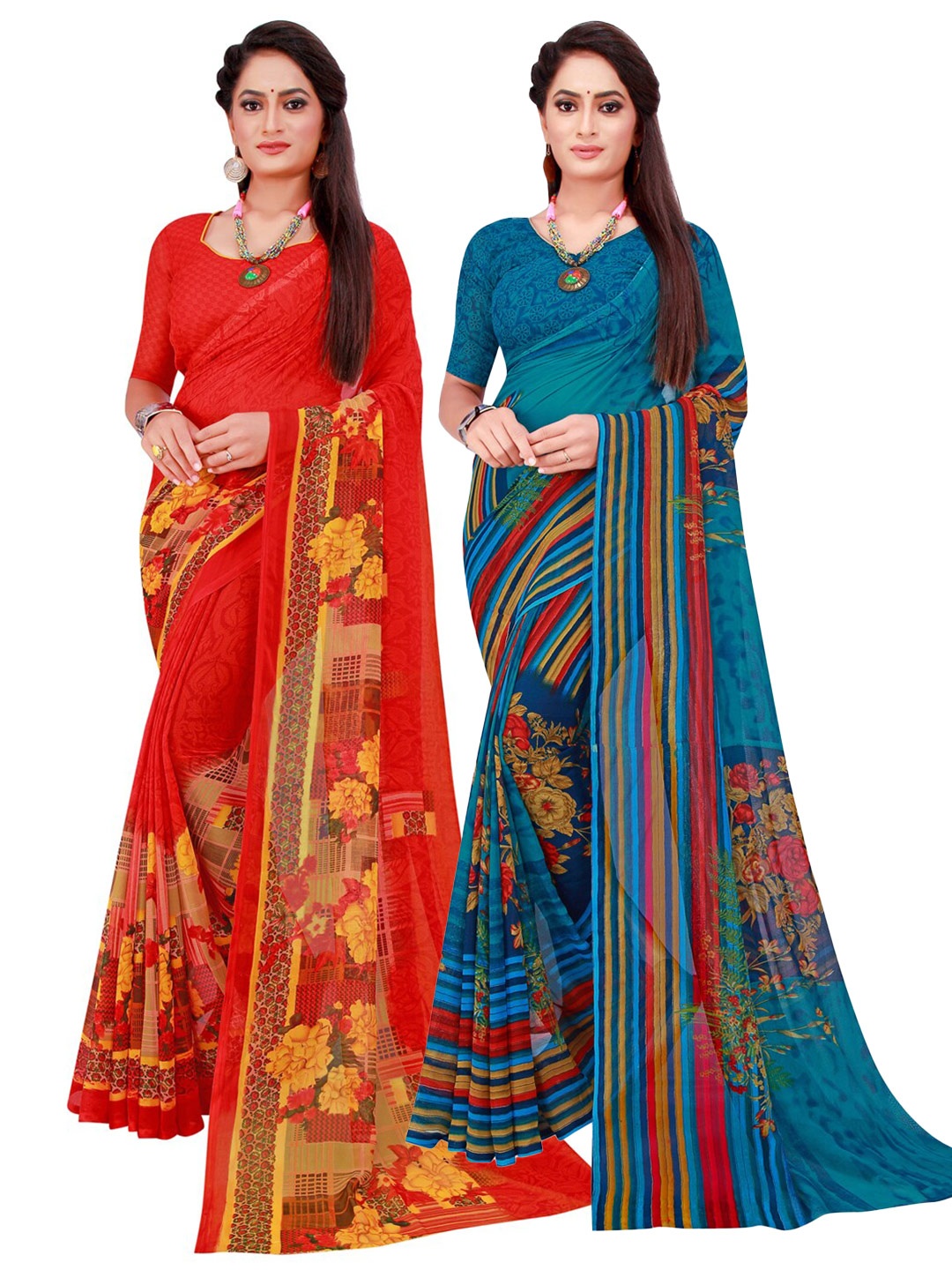

Florence Pack of 2 Turquoise Blue & Red Floral Printed Pure Georgette Saree