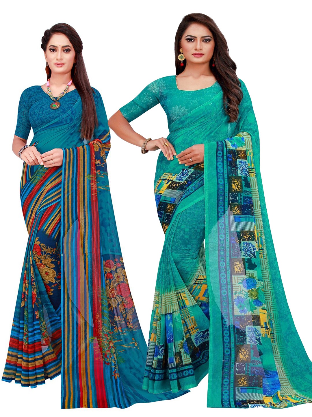 

Florence Pack Of 2 Turquoise Blue & Blue Floral Pure Georgette Saree
