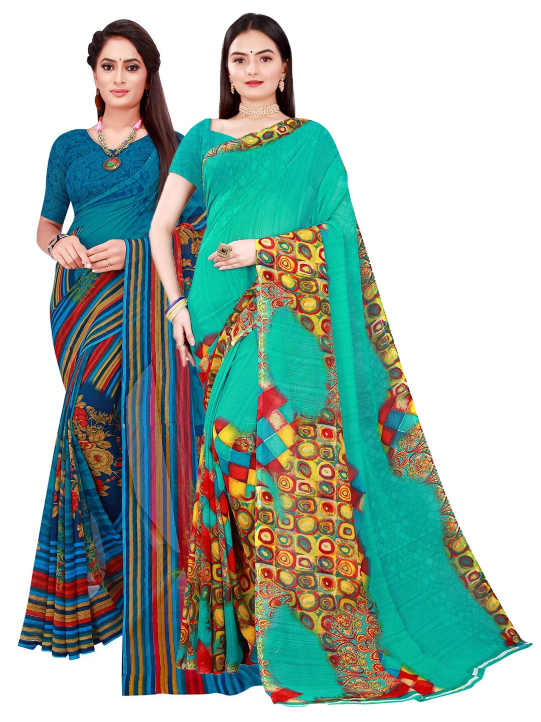 

Florence Pack of 2 Turquoise Blue & Blue Pure Georgette Saree