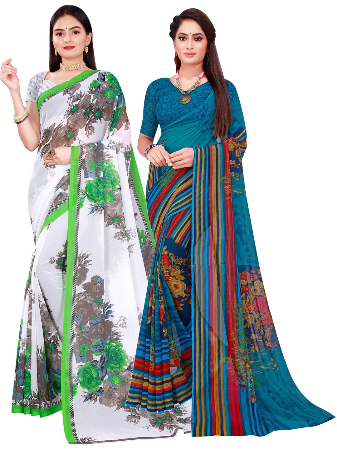 

Florence Pack of 2 Turquoise Blue & White Floral Pure Georgette Saree