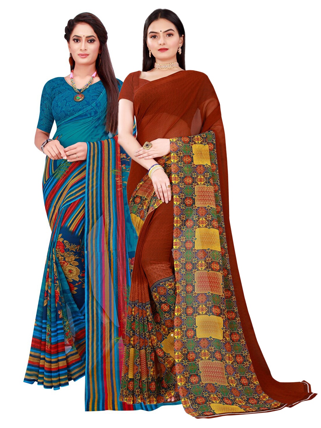 

Florence Pack of 2 Turquoise Blue & Red Pure Georgette Sarees