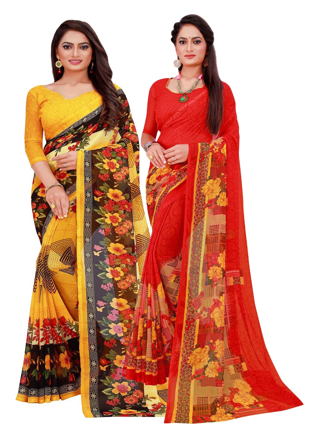 

Florence Yellow & Red Set Of 2 Floral Pure Georgette Saree