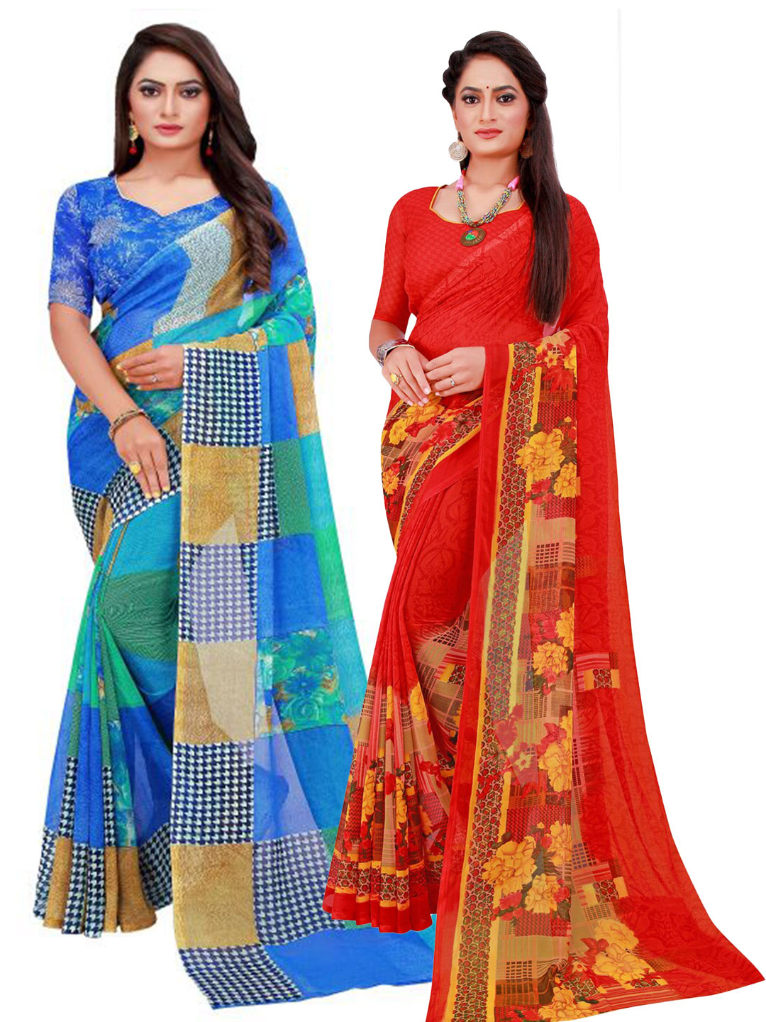 

Florence Blue & Red Pack Of 2 Printed Pure Georgette Sarees