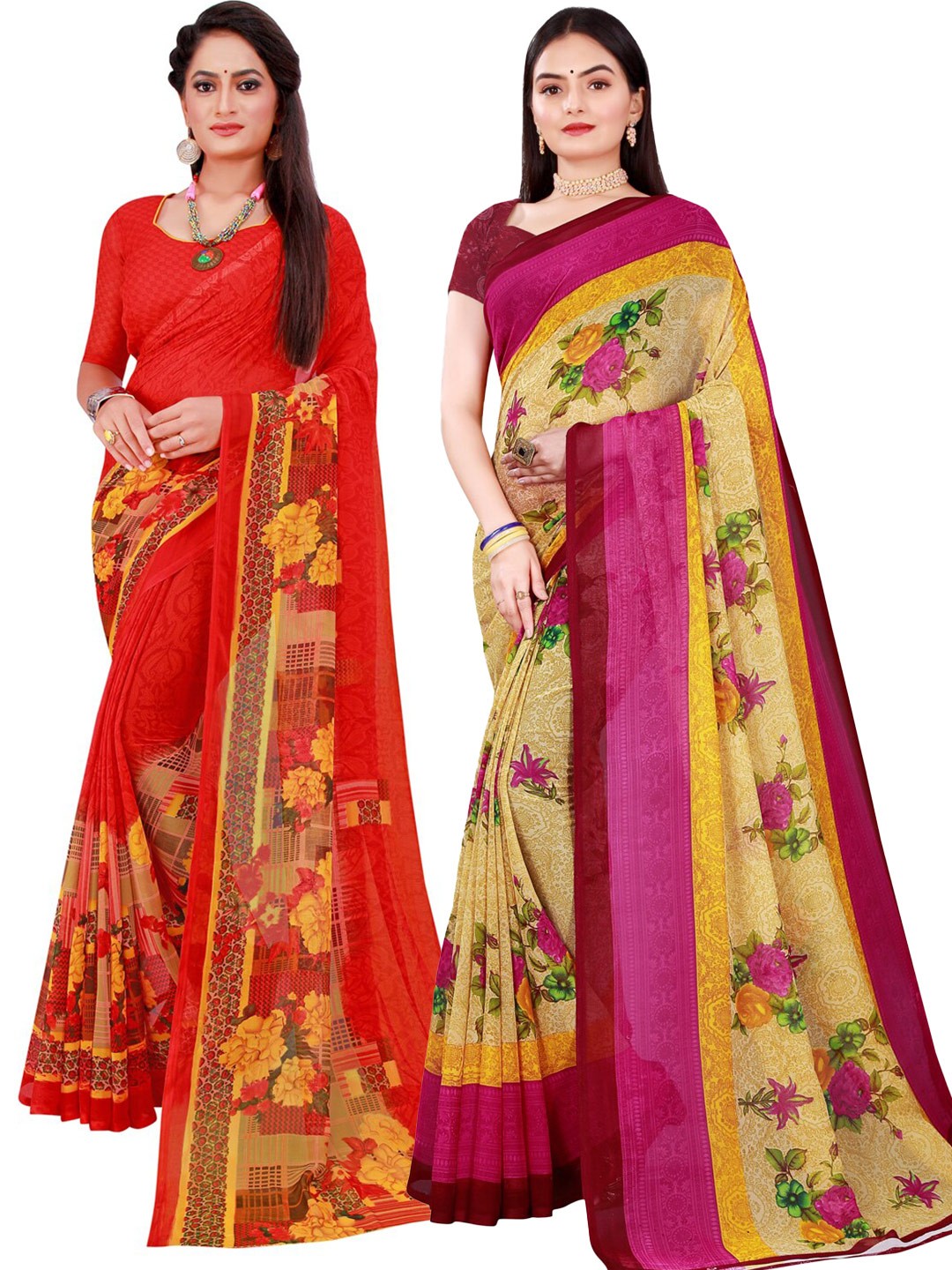 

Florence Beige & Red Floral Pure Georgette Saree