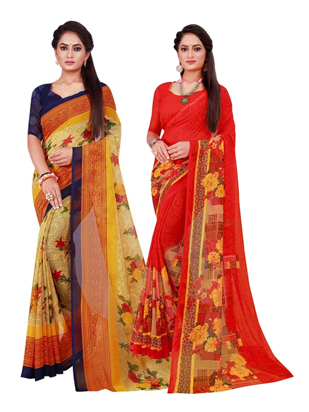 

Florence Pack of 2 Red & Beige Pure Georgette Sarees