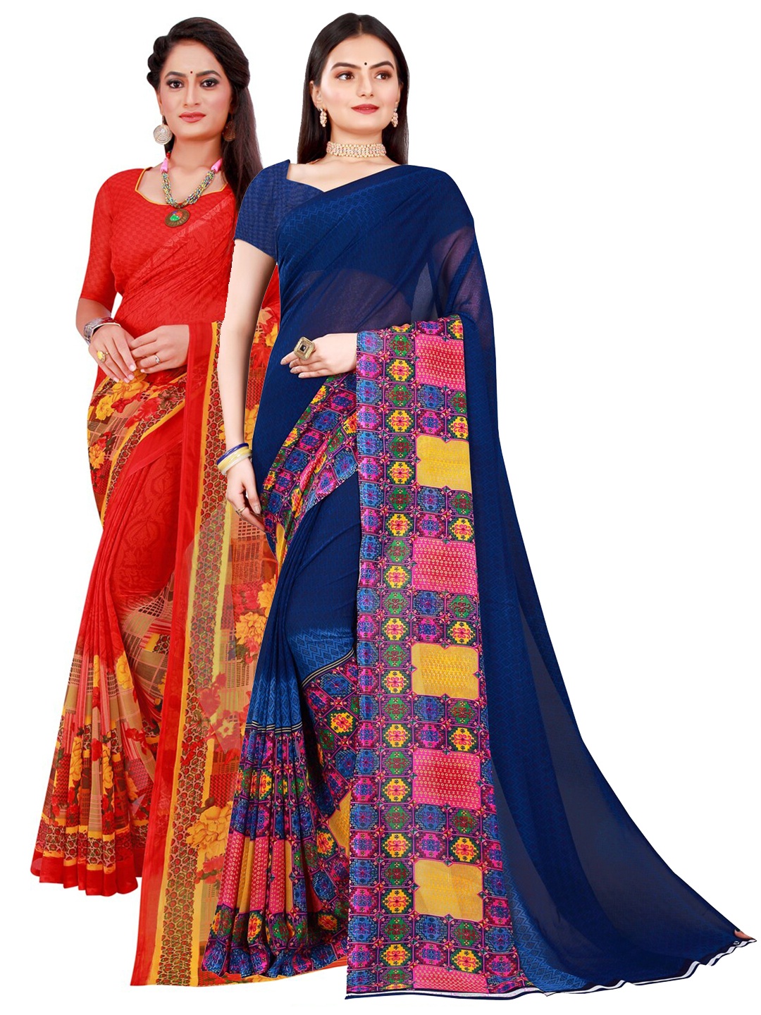 

Florence Red & Blue Set Of 2 Floral Pure Georgette Saree