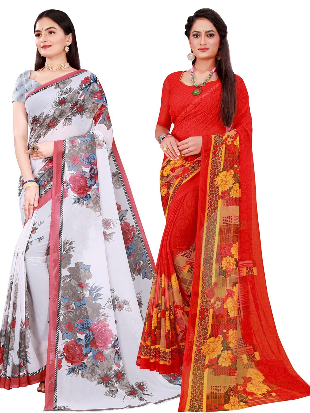

Florence Red & White Set Of 2 Pure Georgette Saree