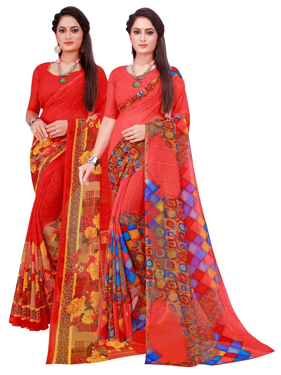 

Florence Red & Pink Set of 2 Printed Pure Georgette Saree