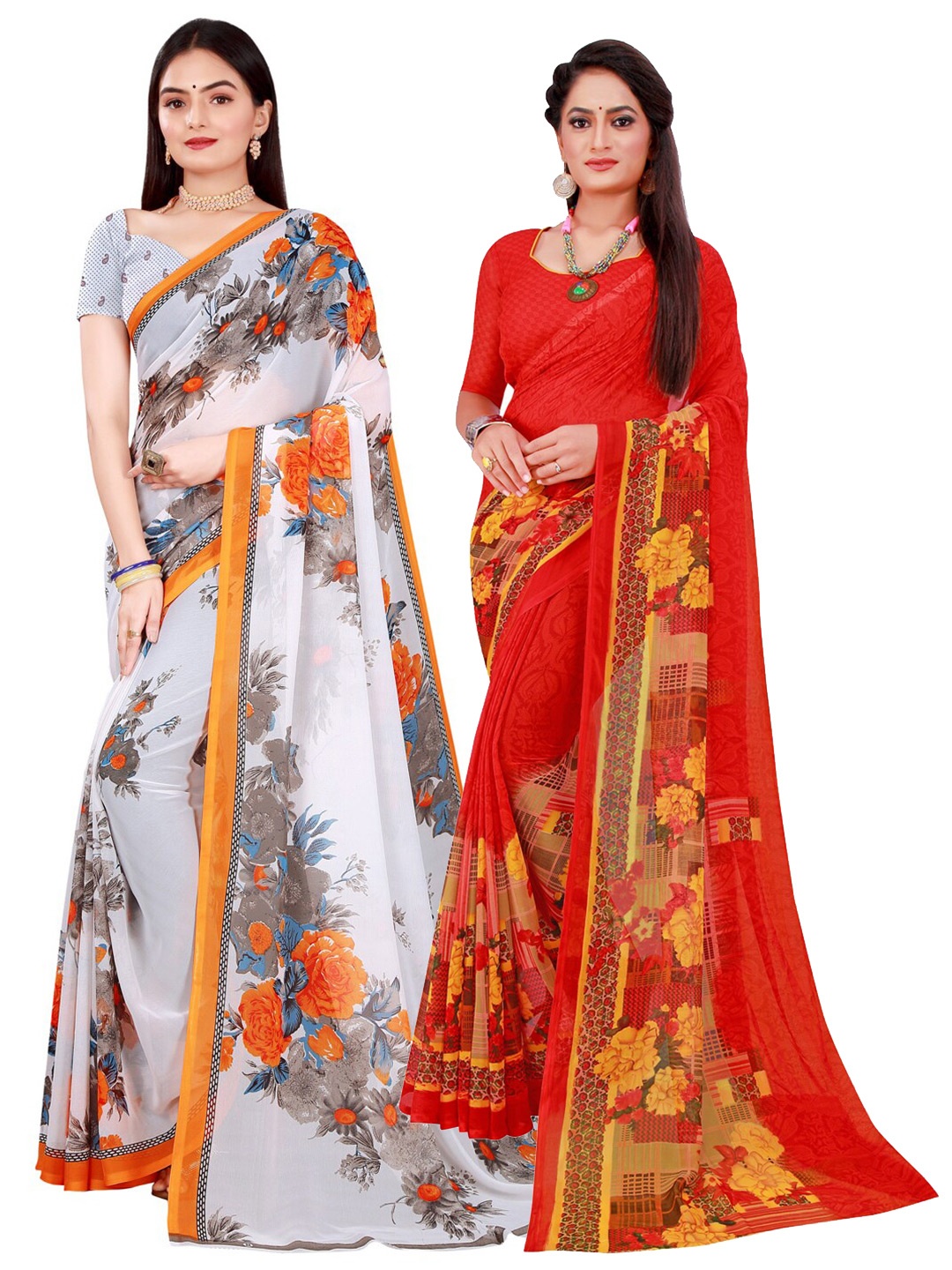 

Florence Red & White Set Of 2 Pure Georgette Saree