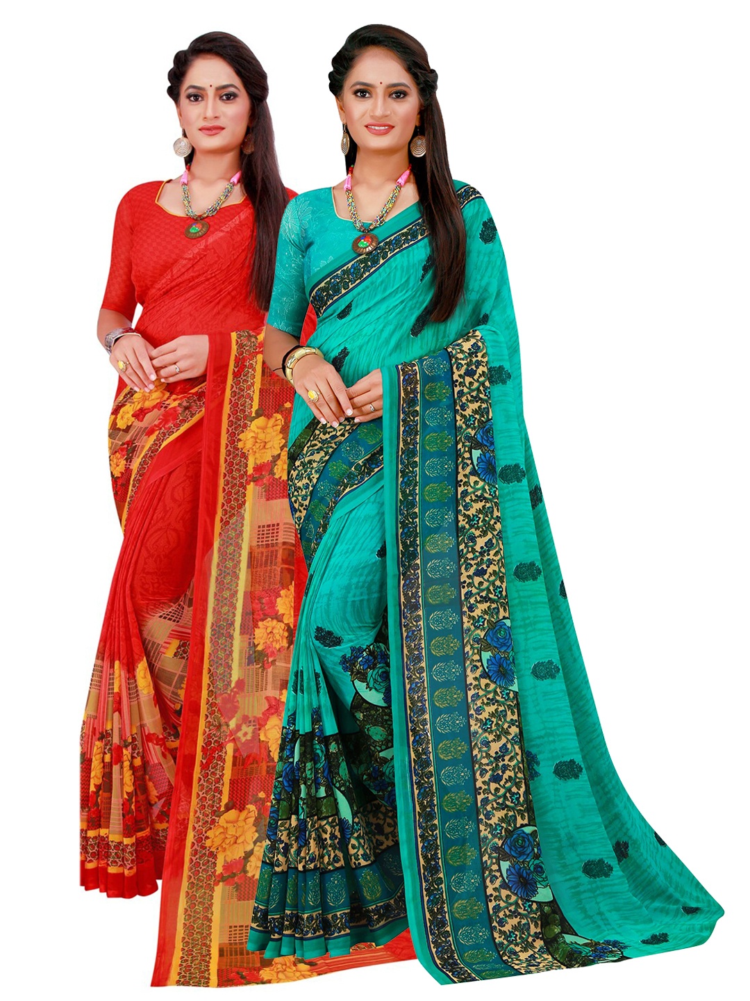 

Florence Red & Turquoise Blue Pack of 2 Printed Pure Georgette Saree