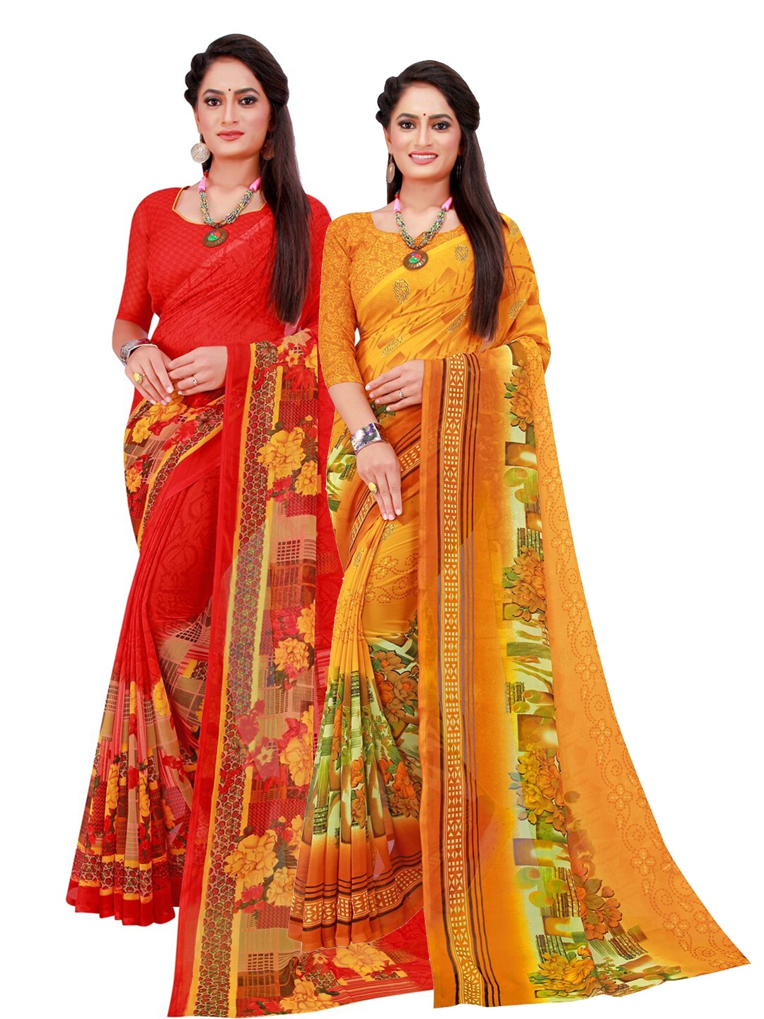 

Florence Pack of 2 Red & Magenta Floral Pure Georgette Sarees