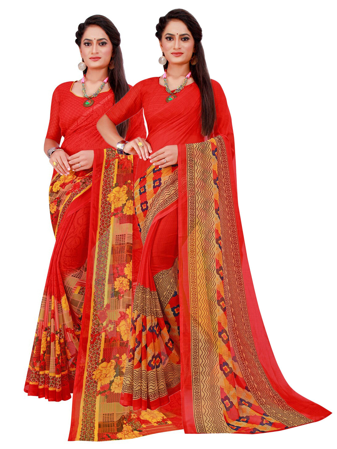 

Florence Pack of 2 Orange & Red Floral Pure Georgette Sarees