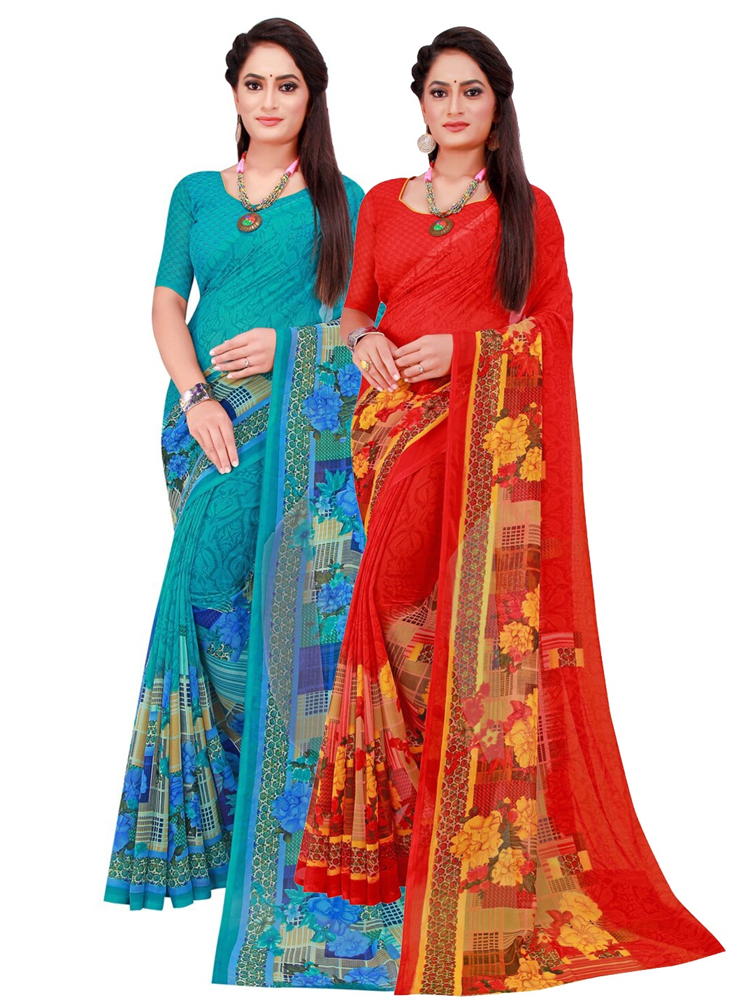 Florence Pack of 2 Turquoise Blue & Red Pure Georgette Sarees
