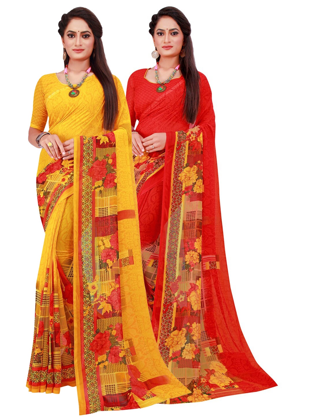 Florence Yellow & Red Floral Pack of 2 Printed Pure Georgette Saree