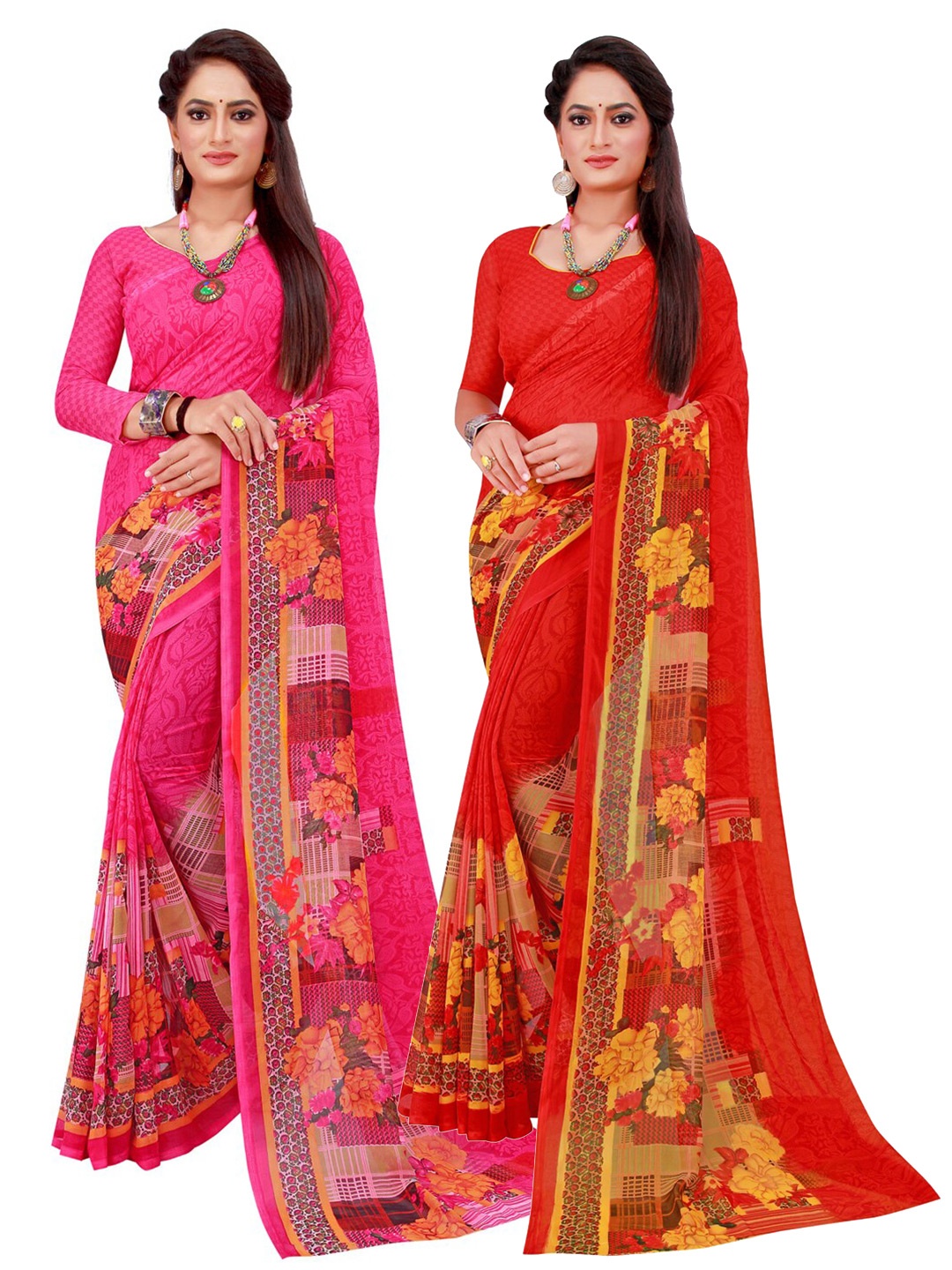 Florence Pack of 2 Floral Pure Georgette Sarees, Magenta