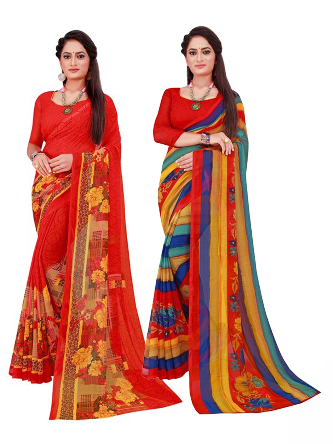 Florence Pack of 2 Red & Blue Floral Pure Georgette Sarees