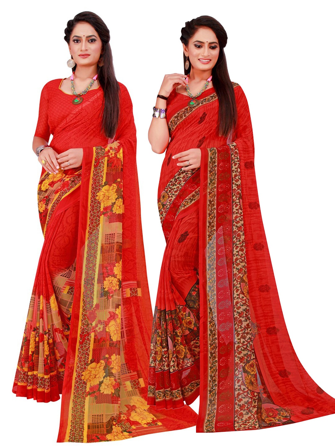 Florence Pack of 2 Red & Yellow Pure Georgette Saree