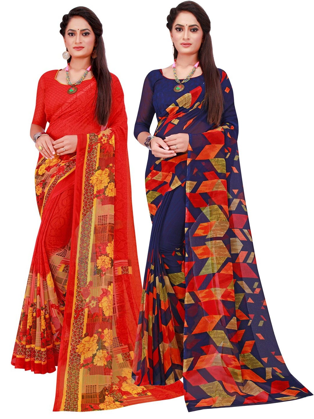 Florence Navy Blue & Red Pack of 2 Printed Pure Georgette Saree