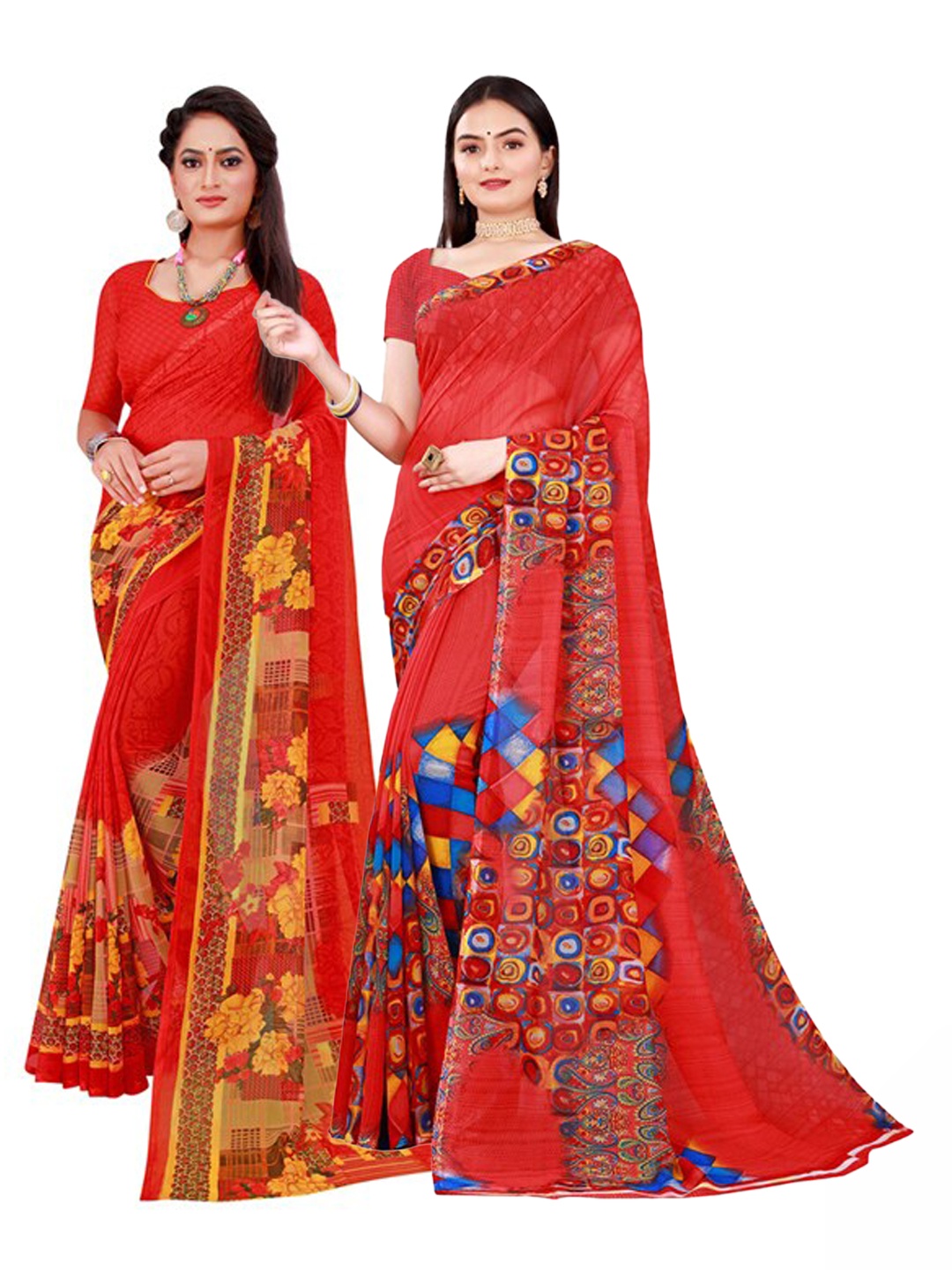Florence Pack Of 2 Red & Blue Pure Georgette Saree