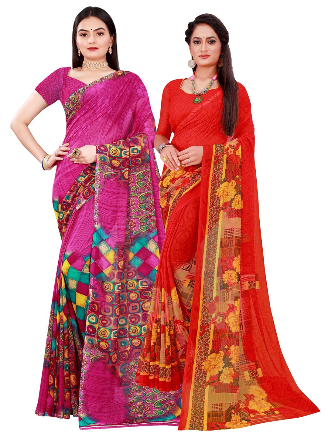 Florence Magenta & Red Set of 2 Floral Printed Pure Georgette Saree