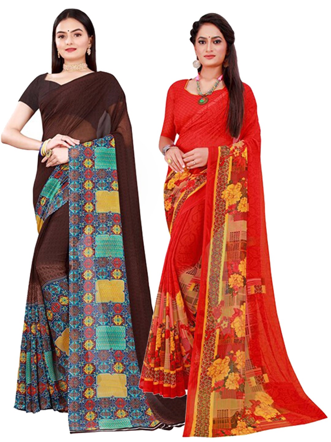 

Florence Brown & Red Set of 2 Printed Pure Georgette Saree