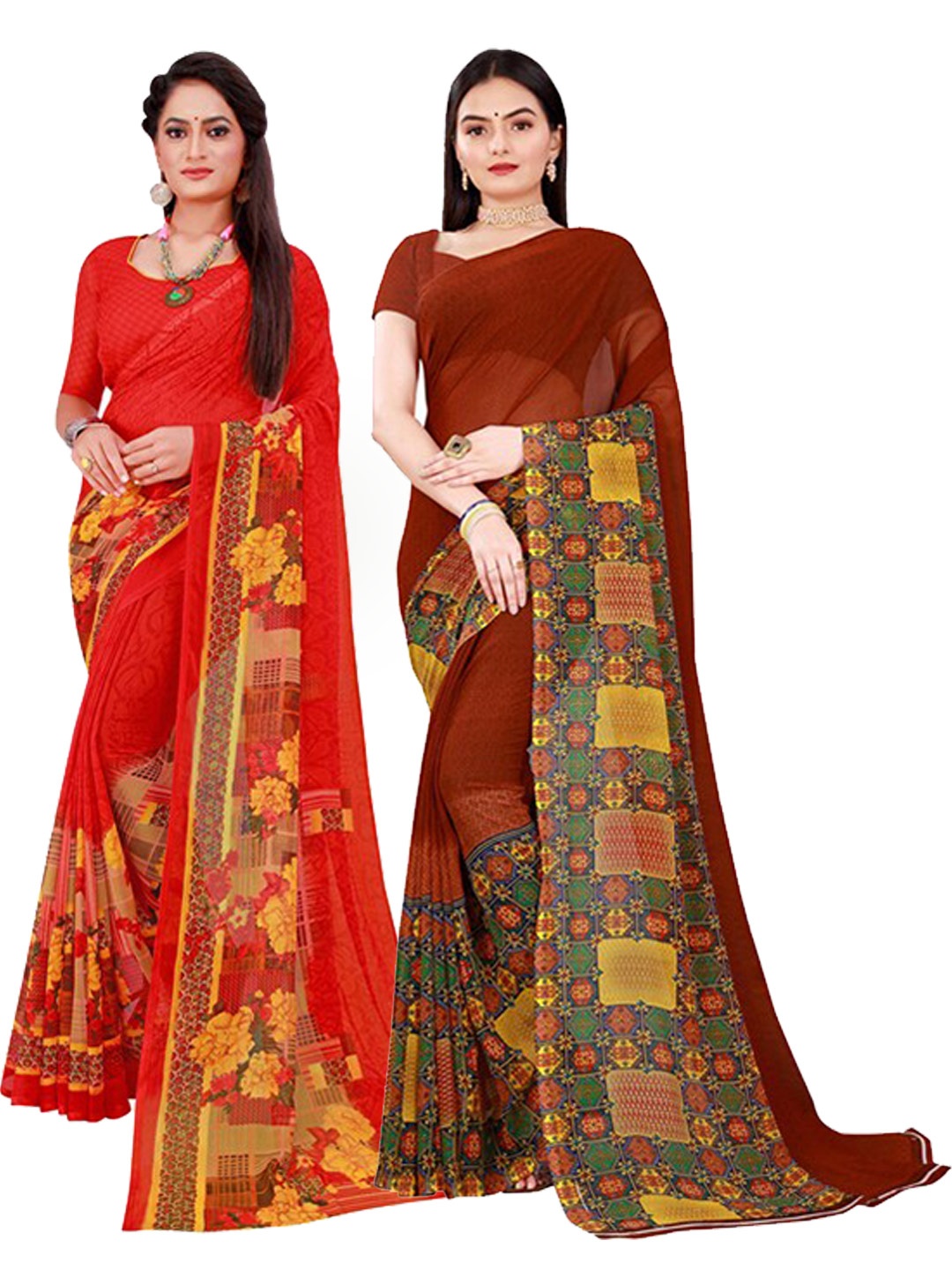 

Florence Pack of 2 Red & Maroon Pure Georgette Sarees