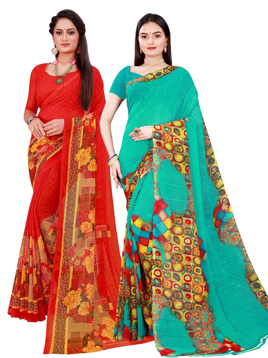Florence Pack of 2 Red & Turquoise Blue Printed Pure Georgette Saree