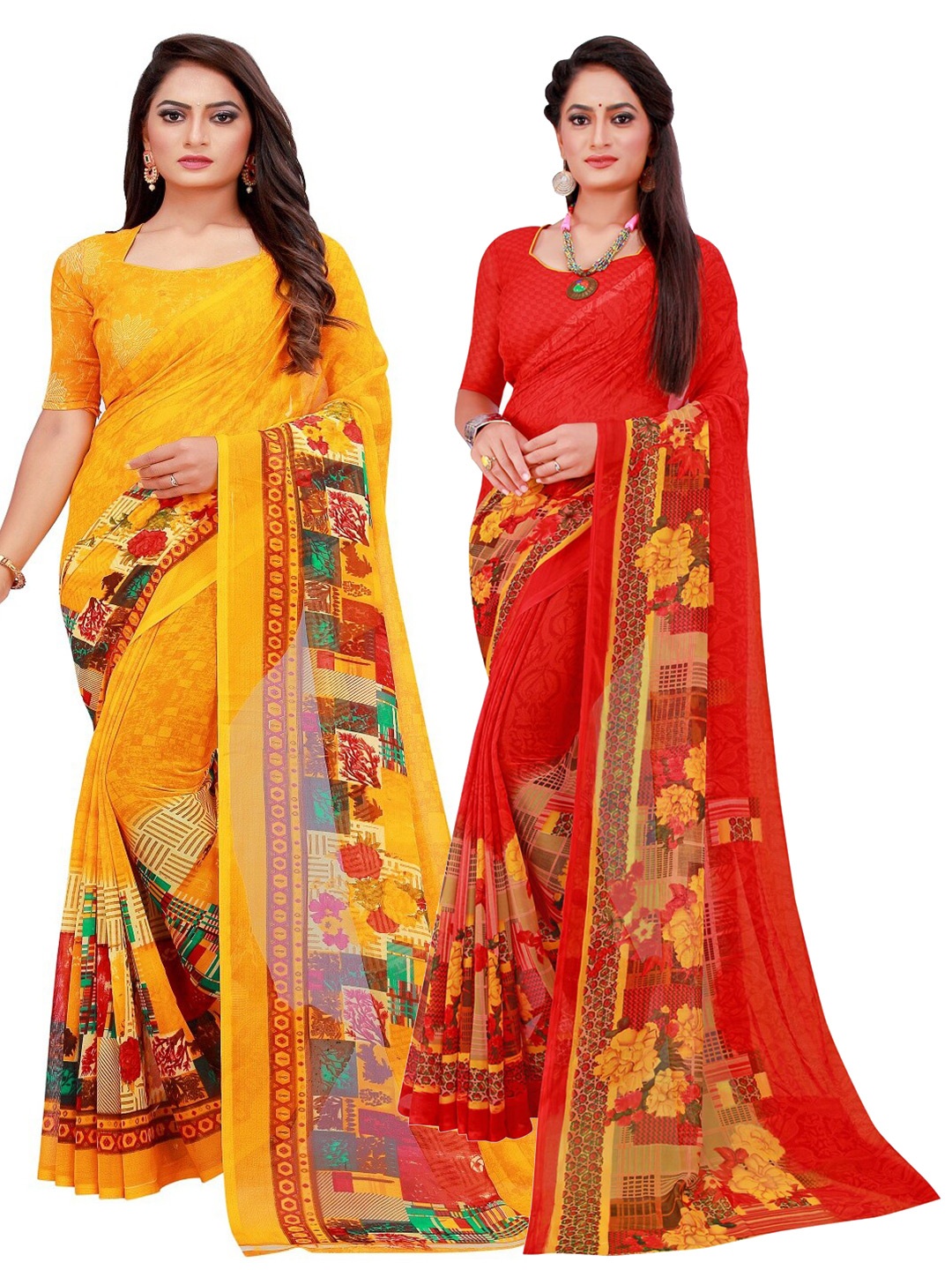 

Florence Red & Yellow Set Of 2 Pure Georgette Saree