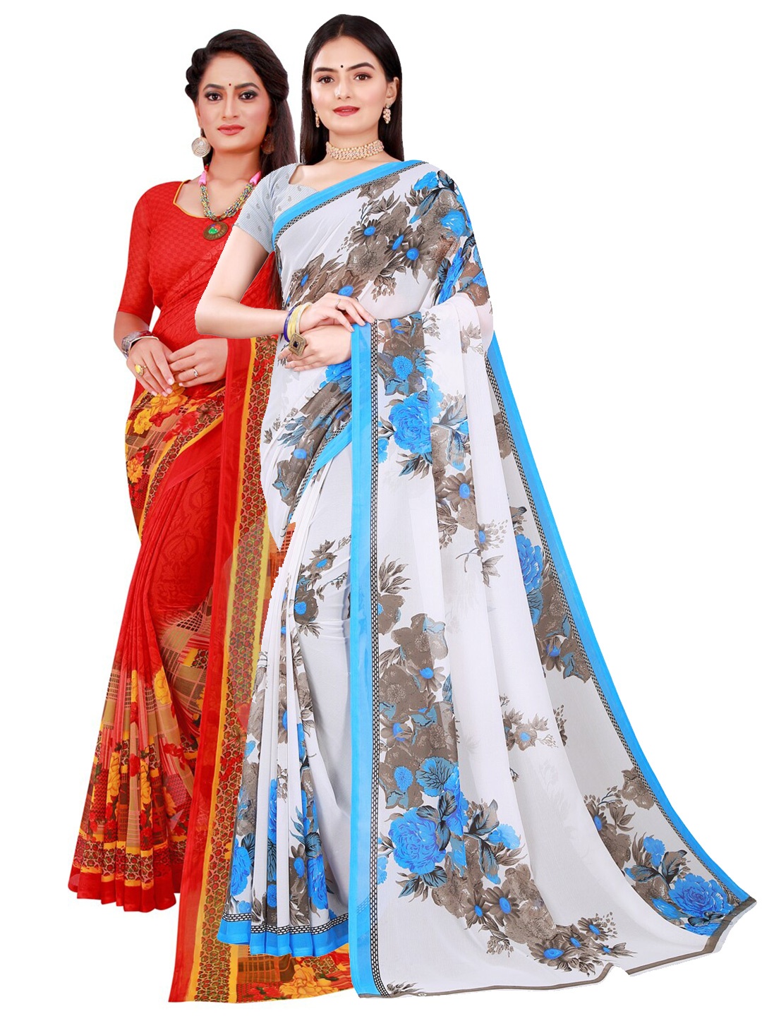 

Florence Red & White Pack of 2 Printed Pure Georgette Saree