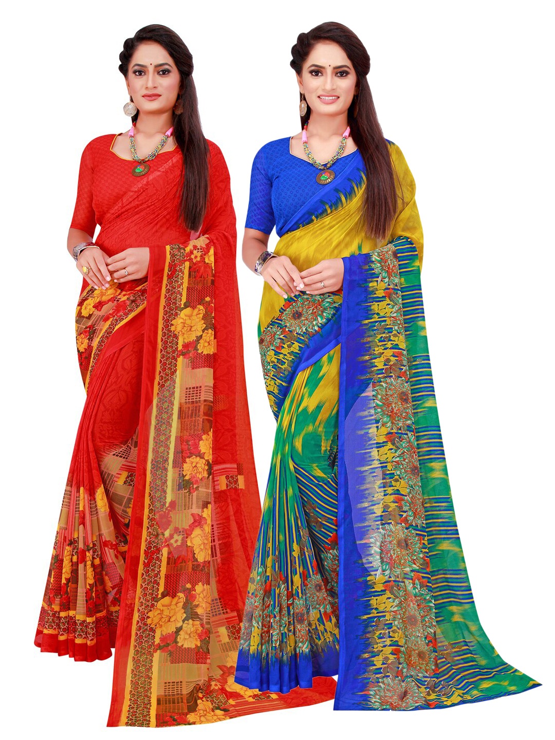 

Florence Red & Blue Geometric Printed Pack of 2 Pure Georgette Saree