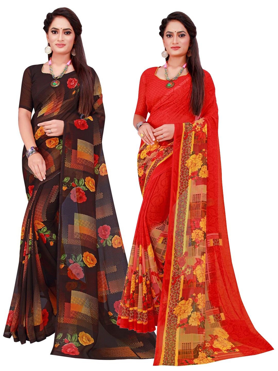 

Florence Red & Black Floral Pack of 2 Pure Georgette Saree
