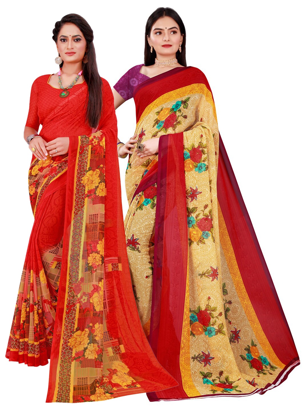 

Florence Set Of 2 Beige & Red Floral Pure Georgette Saree