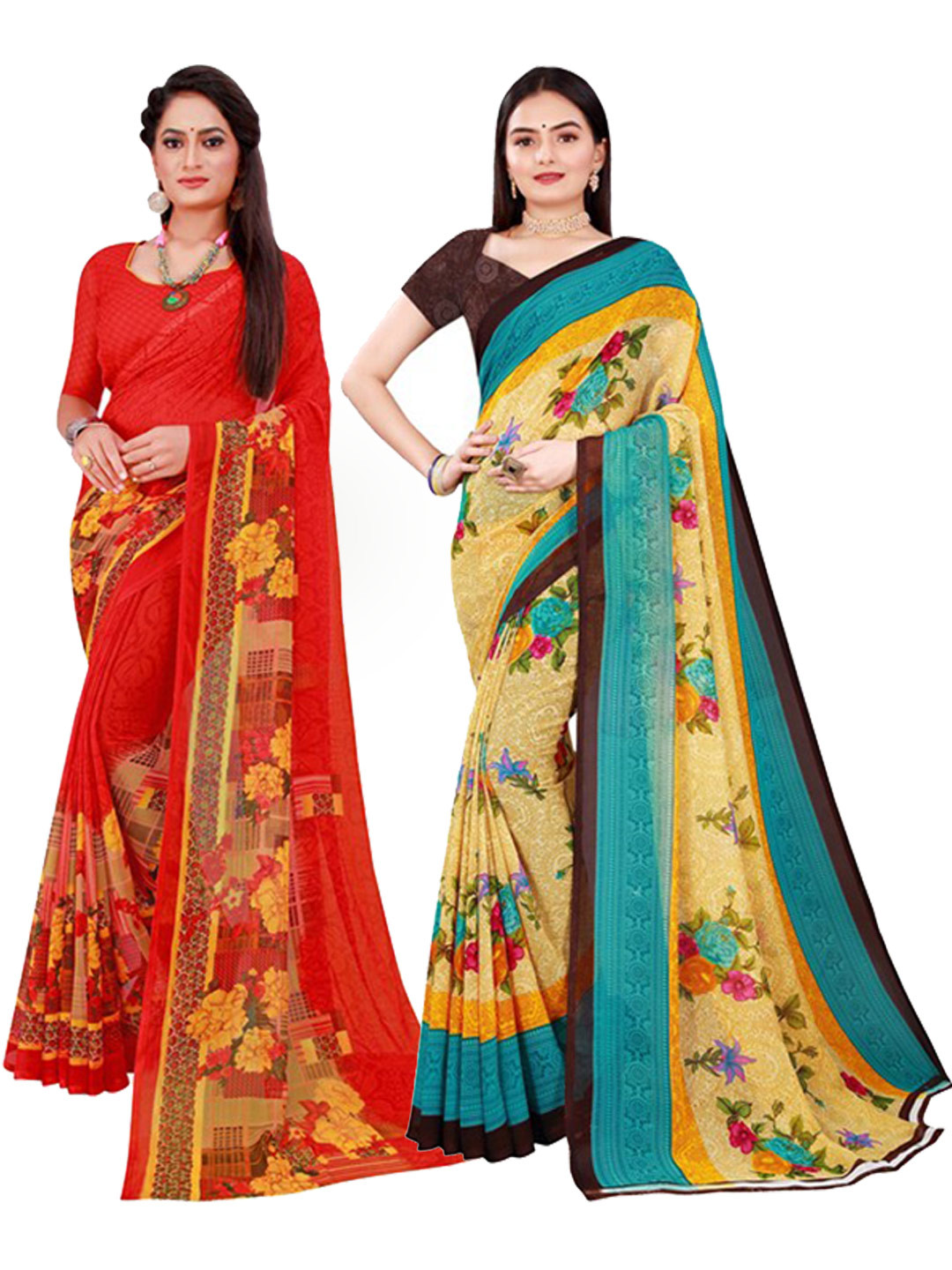 

Florence Red & Beige Floral Pure Georgette Saree